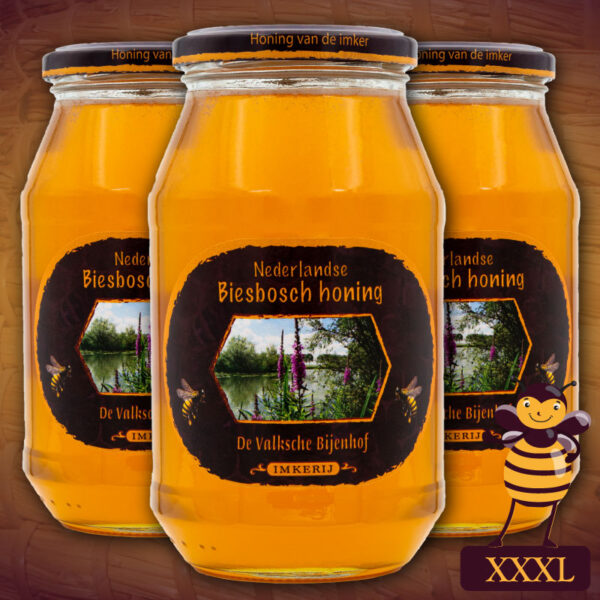 Potten met 1 kilo Nederlandse honing van de imker uit de biesbosch. Deze aanbieding extra grote potten rauwe honing tegen lage prijzen kopen.