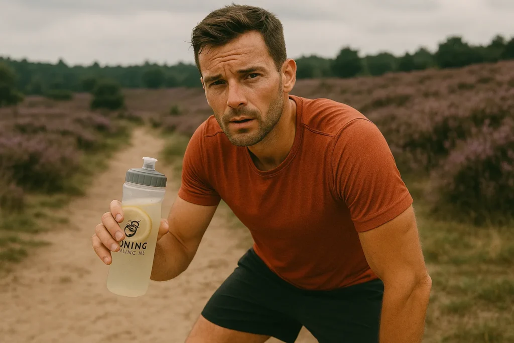 Sportieve hardloper op de heide met flesje citroen-honingwater van HONINGonline.nl
