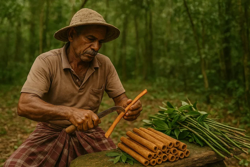 Man oogst Ceylon kaneel op ambachtelijke wijze in bosrijke omgeving