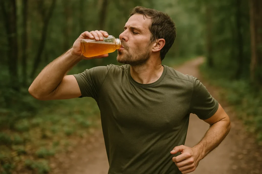 Hardloper maakt tijdens het sporten gebruik van honing. Honing na het sporten is een gezonde zoetstof en een geliefd als suikervervanger vanwege de grote hoeveelheid energie.