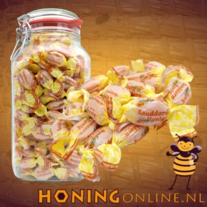 Honingsnoep met duindoorn in een extra grote hersluitbare weckpot met meer dan een kilo honingsnoepjes. Deze honingbonbons van Edel in grootverpakking kopen.