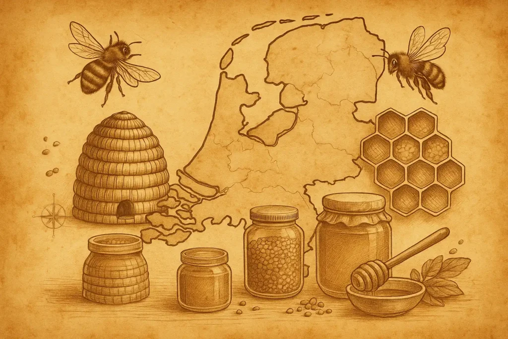 Herkomst van Nederlandse honing van de imker zijn verschillende natuurgebieden. Op deze landkaart zie je waar Nederlandse honing van de imker te koop is.