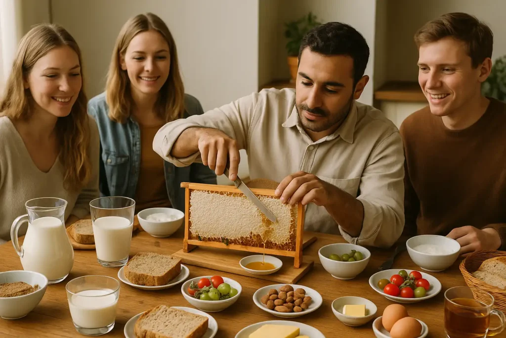 Raathoning eten tijdens een luxe ontbijt. Op deze foto zie je hoe een Turkse  man een stuk raathoning aansnijd bij het ontbijt terwijl de lekhoning vloeit.