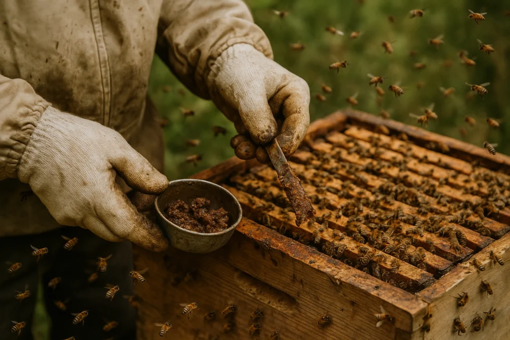 Propolis oogst door een imker. Op deze afbeelding zie je een imker propolis uit de bijenkast halen voor het maken van propolistinctuur.