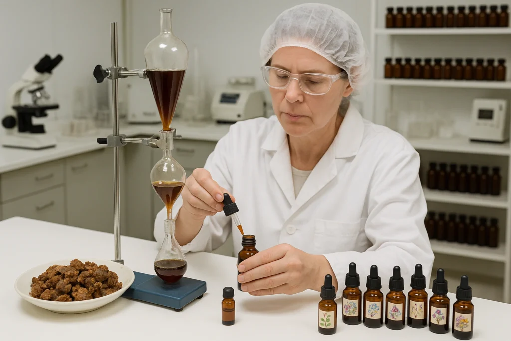 Propolistinctuur wordt gemaakt in een laboratorium. Op deze afbeelding zie je een medewerker in alcohol gezuiverde propolis afvullen in pipetflesjes.