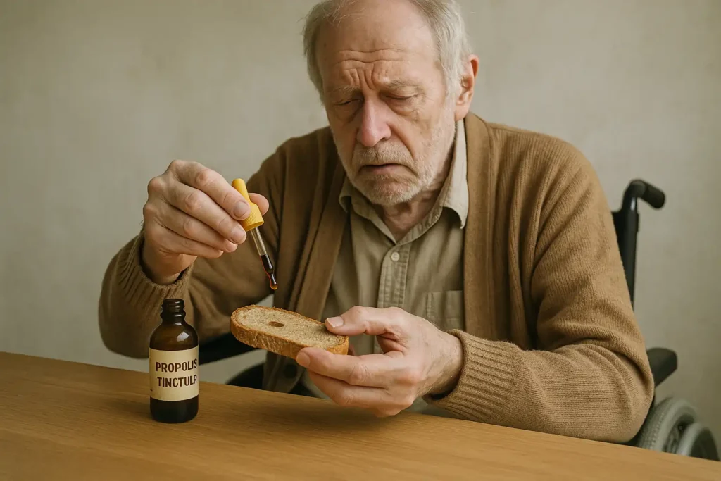 Een oude man in rolstoel gebruikt propolis. Je ziet hou deze man propolistinctuur vanuit het pipetflesje op zijn brood druppelt om het te gebruiken.