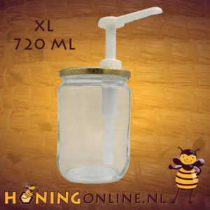 Glazen pot met honingpomp om honing te doseren zonder knoeien.