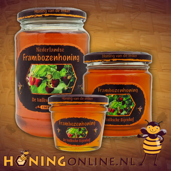 Heerlijke frambozenhoning is gemaakt door bijen die op een Nederlandse frambozenkwekerij de honing verzameld hebben. Verschillende maten potten frambozenhoning kopen.