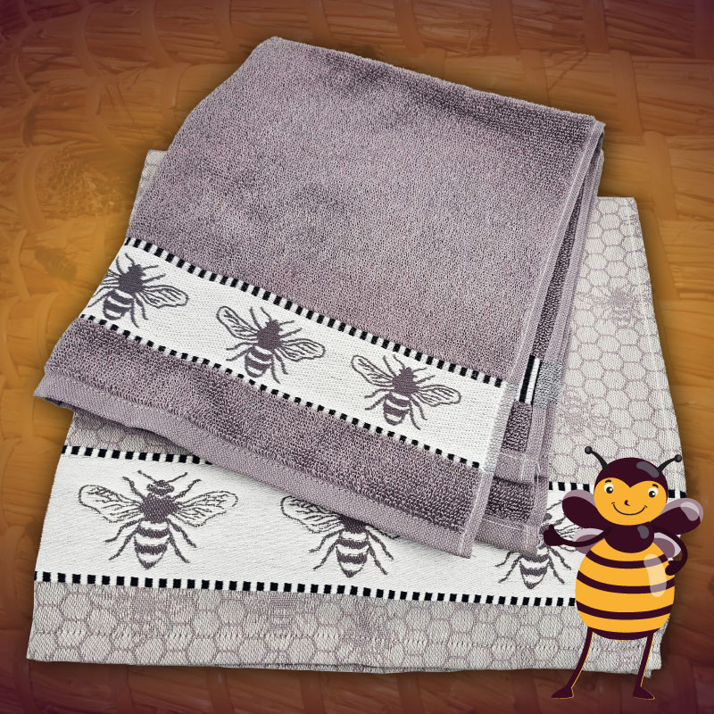 op de afbeelding staat een Grijze Droogdoekenset aanbieding met bijenprint en raathoningprint