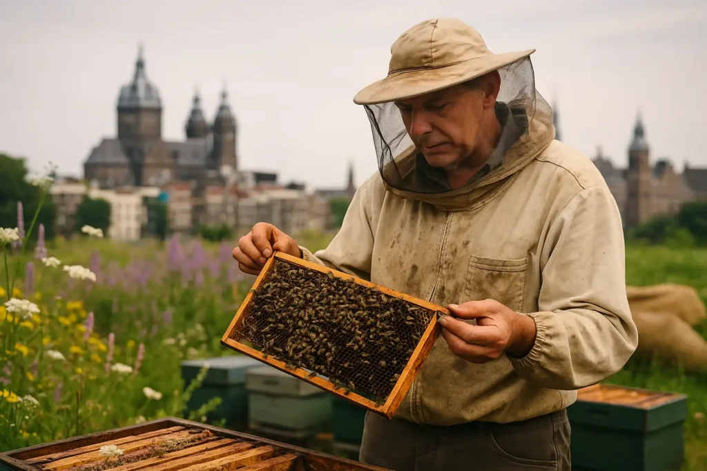 Lokale honing uit amsterdam kopen van de imker. Een imker van De Valksche Bijenhof bekijkt zijn bijenvolk voor het verkopen van lokale honing uit amsterdam.
