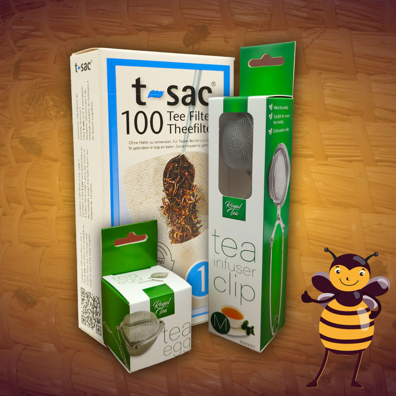 Thee zetten. Op deze afbeelding zie je diverse filters en zeefjes die je kunt gebruiken voor het zetten van verse thee.