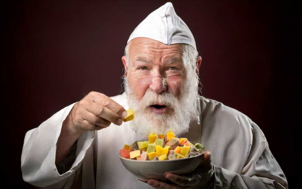 Hannie's hakhoning is gemaakt volgens een oud monnikenrecept. Op de foto zie je een monnik met 12 unieke soorten hakhoning met kruiden en specerijen eten.

