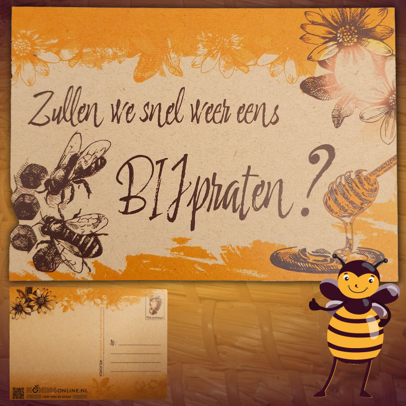 Als je een originele wenskaart zoekt is deze kaart met bijenthema heel erg leuk. Leuke woordspeling BIJ-praten maakt het bijen en honingthema helemaal compleet.