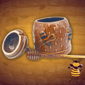 Op deze foto staat een Grote Bruine Honingpot met een honinglepel. Deze aardewerk pot heeft een afneembaar deksel.