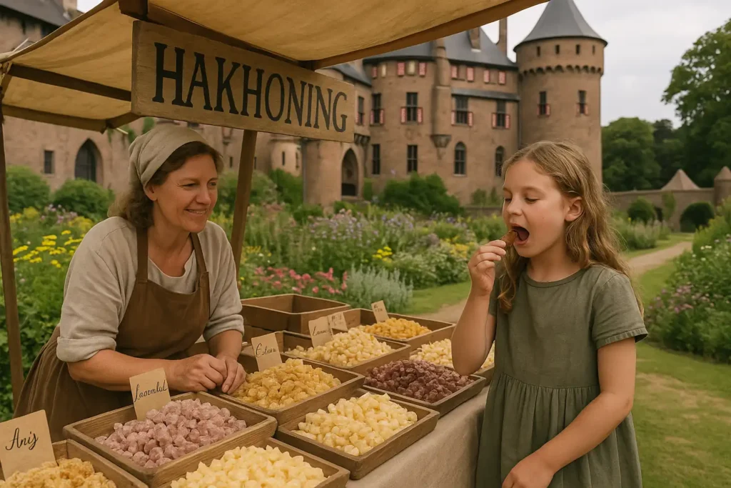 Hakhoning kopen op een markt kastelen festival. Een kind proeft Hannie's hakhoning bij een marktkraam waar je verschillende soorten ambachtelijk hakhoning als cadeau kunt kopen.