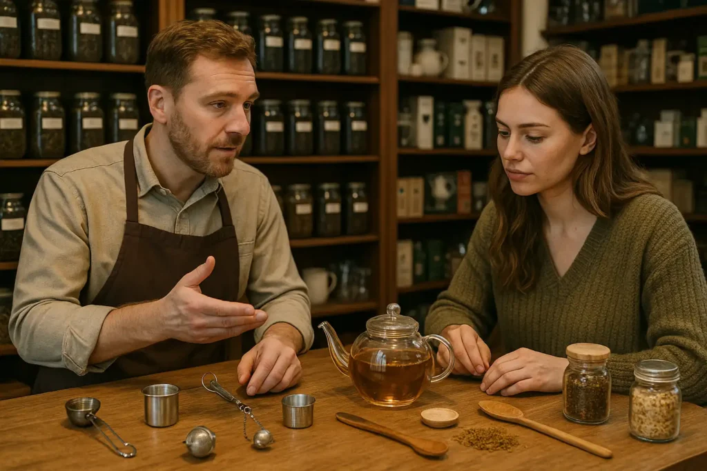 Een vrouw krijgt uitleg over accessoires waarmee je thee kunt zetten. Je ziet allerlei theefilters zoasl een thee-ei en infusers op de balie liggen waarmee je verse losse thee zet.