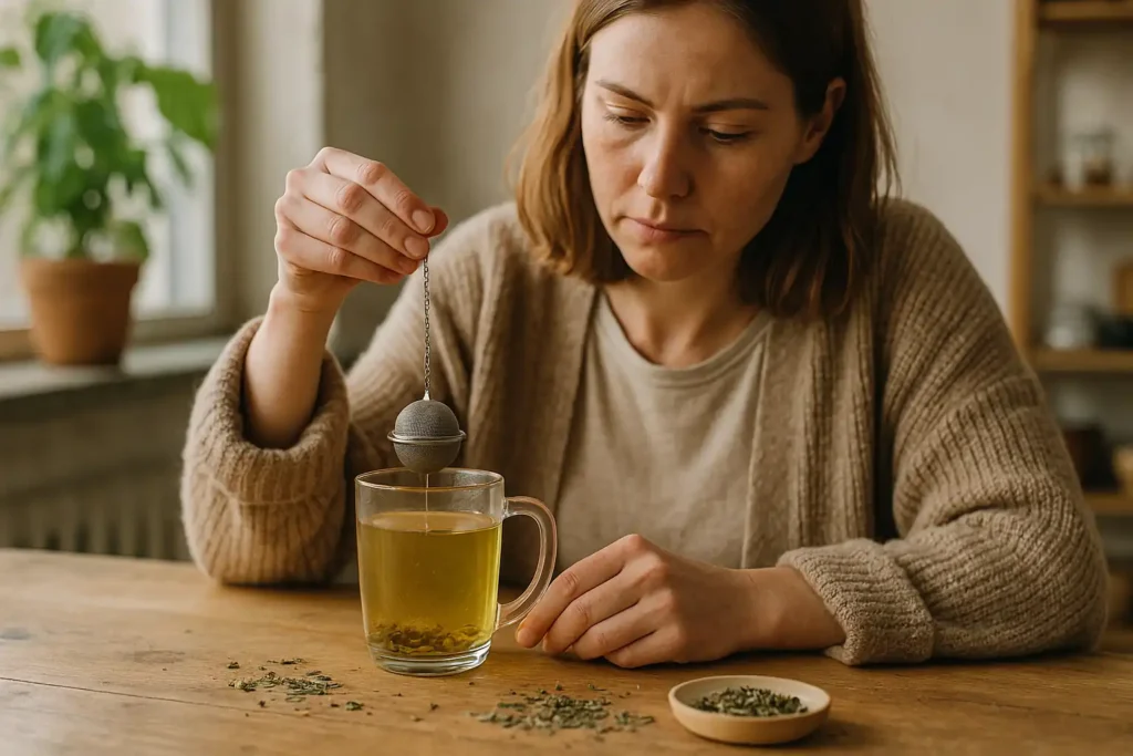 Een vrouw zet met het thee-ei verse thee. In deze categorie zie je allerlei accessoires zoals filters waarmee je losse thee kunt zetten zoals theezeefjes en infusers.