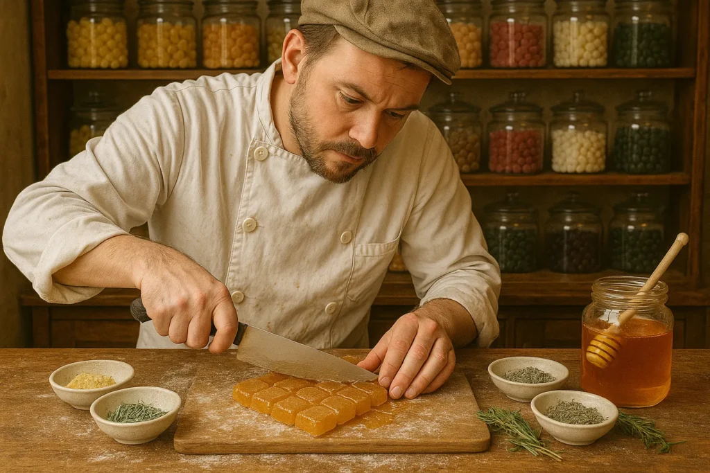 Een patissier maakt ambachtelijke honingsnoepjes. Je ziet hoe gezond honingsnoep zonder suiker gemaakt wordt uit speciaal fondant.