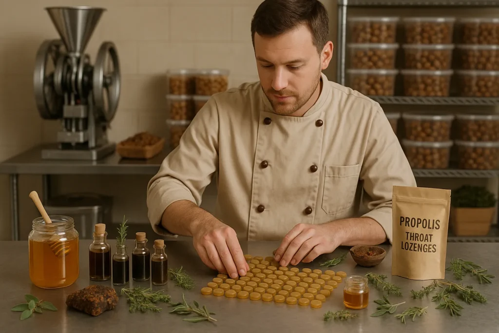 Een kruidendokter maakt propolissnoep met honing. Je ziet de kruiden in deze pastilles die gebruikt worden met propolis voor de lekkerste propolissnoep.