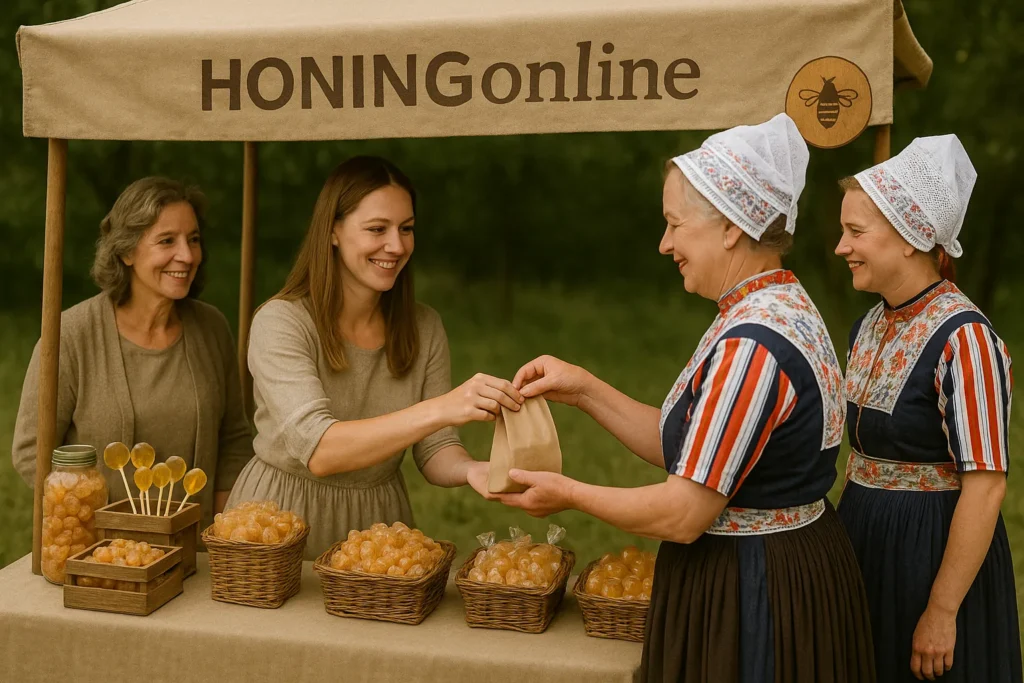 Honingsnoep kopen bij de imker op een marktkraam. Twee vrouwen in Urkse klederdracht kopen een zak met ambachtelijk honingsnoep zonder suiker.