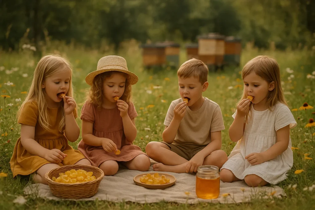 Honingsnoep gegeten tijdens een kinderfeestje. Kinderen eten honingsnoepjes met honing als natuurlijke zoetstof.