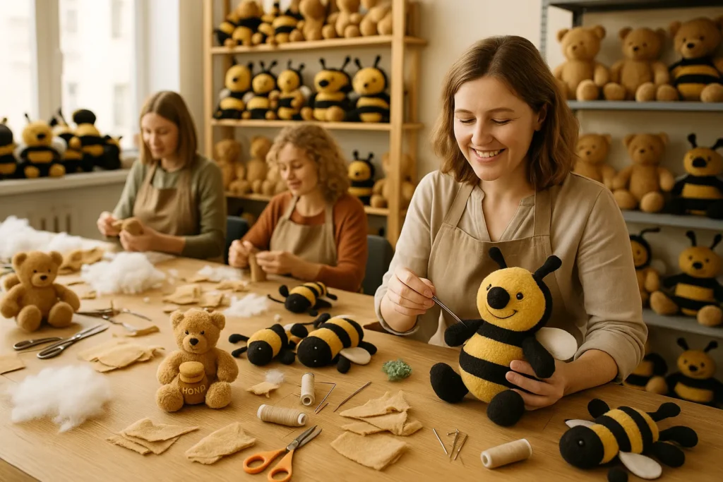 Bijenknuffels worden gemaakt in een atelier met Nederlandse vrouwen. Handgemaakte knuffelbijen die je hier online kunt bestellen!