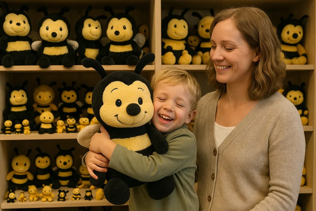 Bijenknuffels kopen bij de imker. Op deze foto zie je een kind knuffelen met een levensgrote knuffelbij terwijl moeder toekijkt.