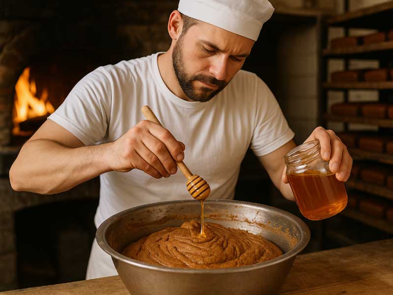 Honingkoek word gemaakt door ambachtelijke bakker. Het deeg van deze ontbijtkoek met honing gaat bijna de oven in.