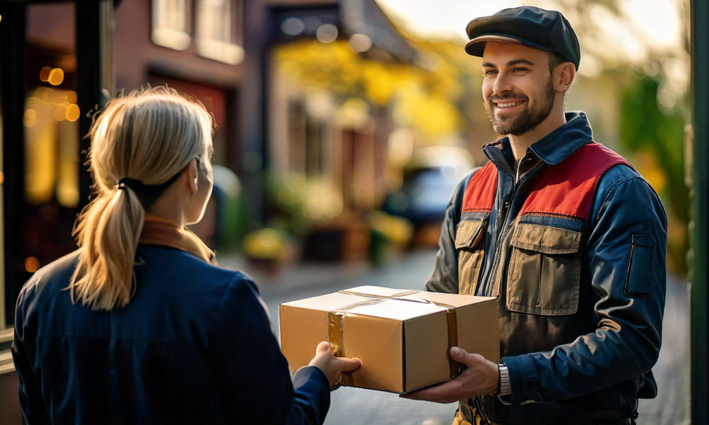 Bezorger van PostNL overhandigt een pakketje aan de klant. Op deze foto zie je de bezorger netjes communiceren met de ontvanger van het pakket met honing en bijenproducten of het retour gestuurd moet worden.