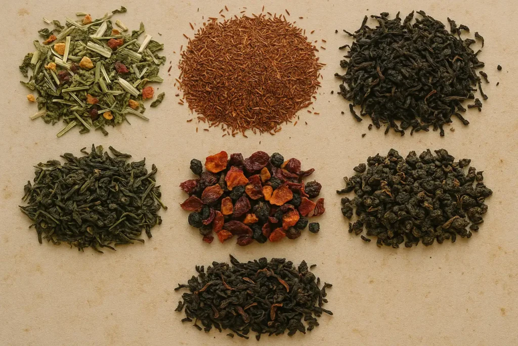 Verschillende soorten losse thee zoals je in onze webshop kunt kopen. Je ziet kruidenthee en zwarte thee en rooibosthee en groene thee naast elkaar afgebeeld.