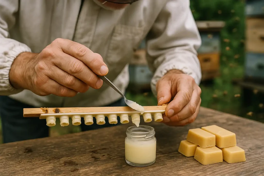 Een imker oogst verse koninginnegelei uit een van de bijenkasten. Met een kleine spatel schept hij de Royal Jelly uit de koninginnecellen in een potje pure koninginnegelei.
