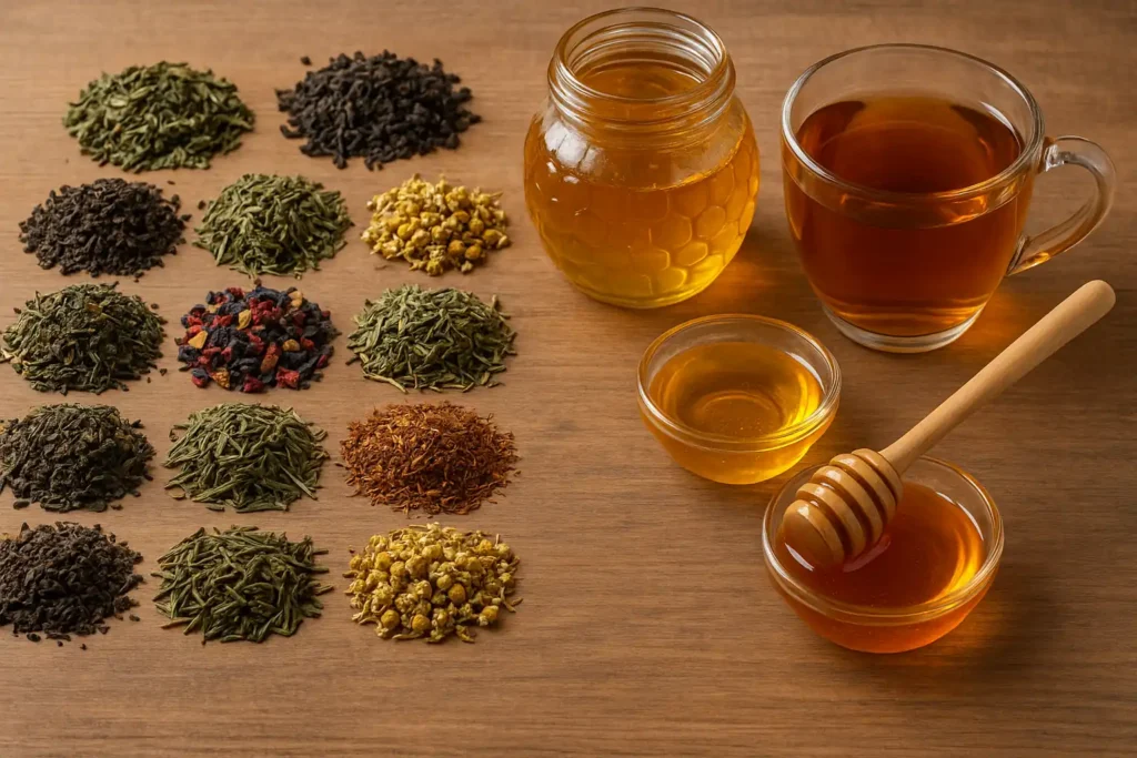 Honing in de thee is een recept dat veel gedaan wordt bij verkoudheid. Hier zie je verschillende soorten thee in combinatie met honing van de imker.