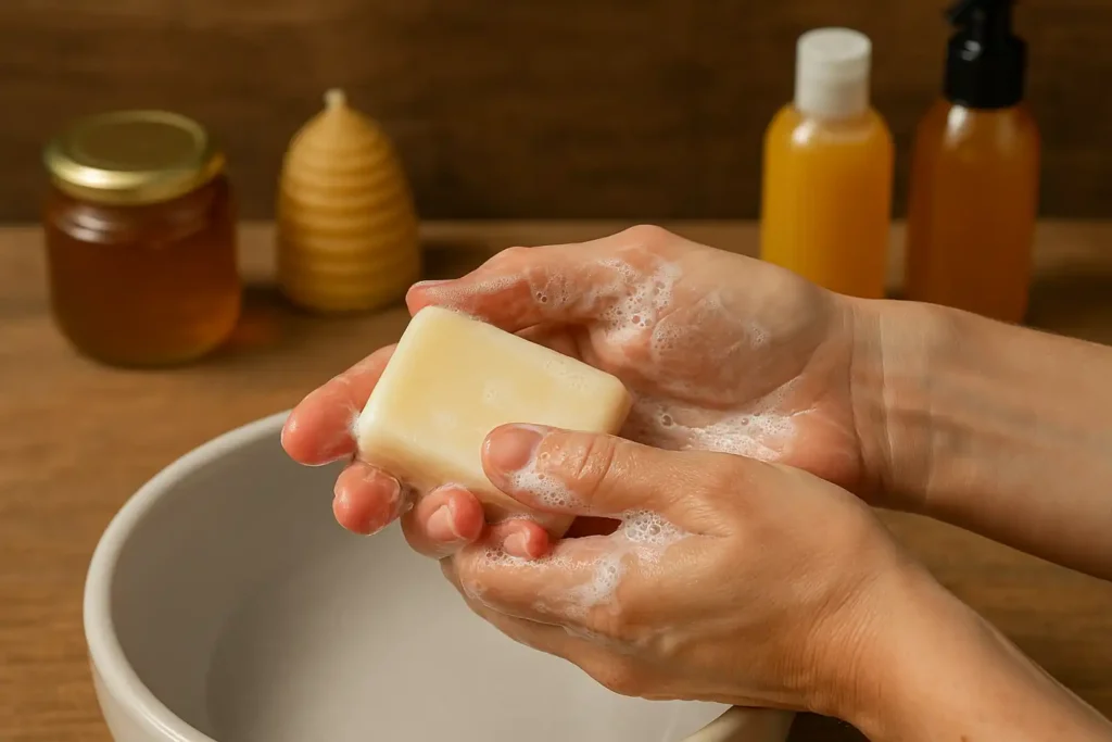 Honingzeep wordt gebruikt voor de verzorging van een gevoelige huid. Op deze foto zie je hoe iemand zijn handen wast met honingzeep.