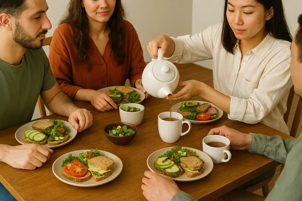 Loss thee wordt ingeschonken door een dame bij een gezonde maaltijd. Biologische Losse kruidenthee maakt onderdeel uit van een gezonde levensstijl.