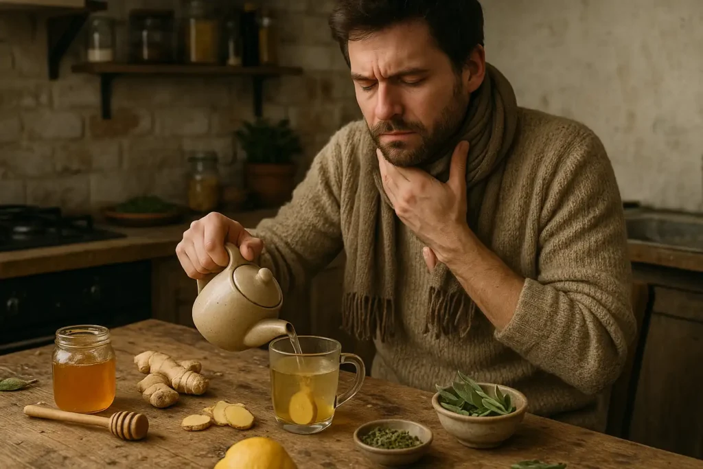 Gemberthee met honing wordt veel gebruikt bij het verzorgen van de luchtwegen. Deze man met keelpijn gebruikt thee van gember en honing op de foto.