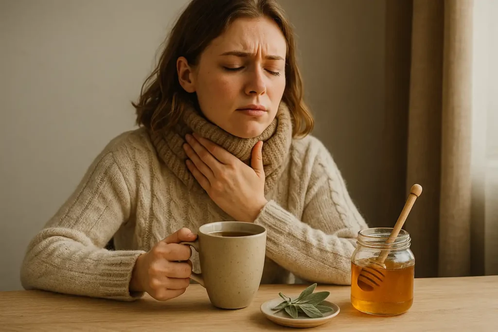 Honing bij keelpijn wordt erg vaak gebruikt. Op de foto een vrouw die honing gebruikt bij keelpijn.