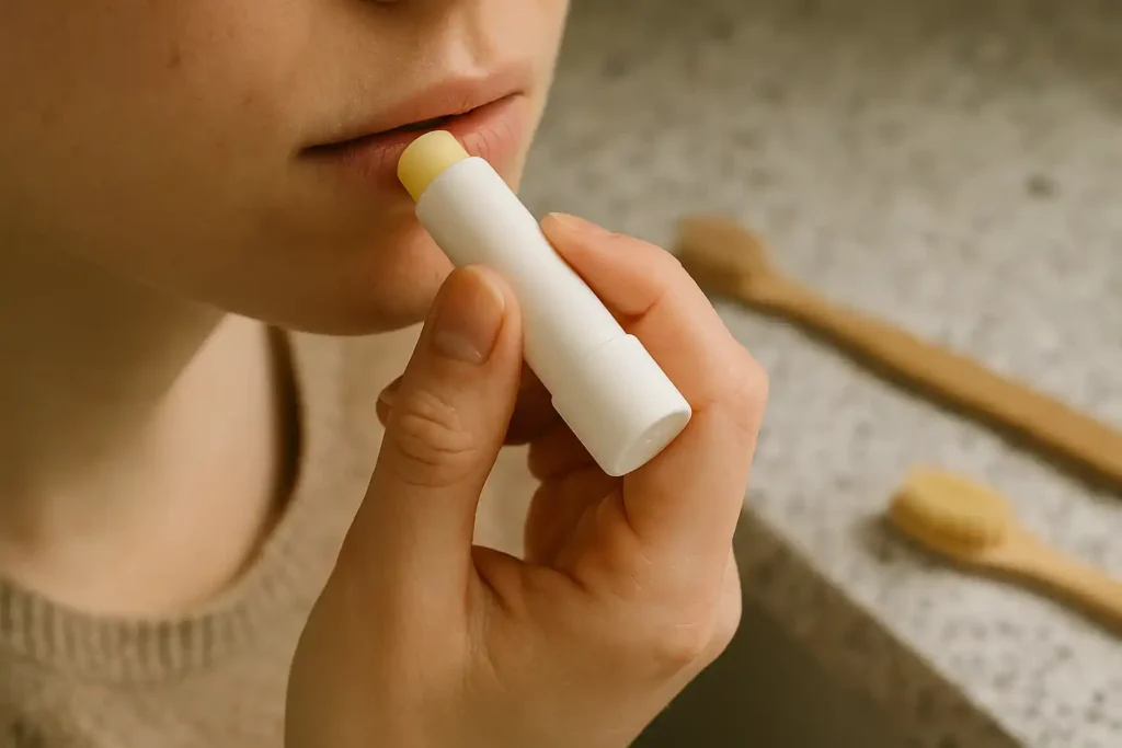 Lippenbalsem met natuurlijke ingrediënten worden aangebracht op droge lippen. De propolis en royal jelly in deze lippenbalsem zorgen voor een lange werking.