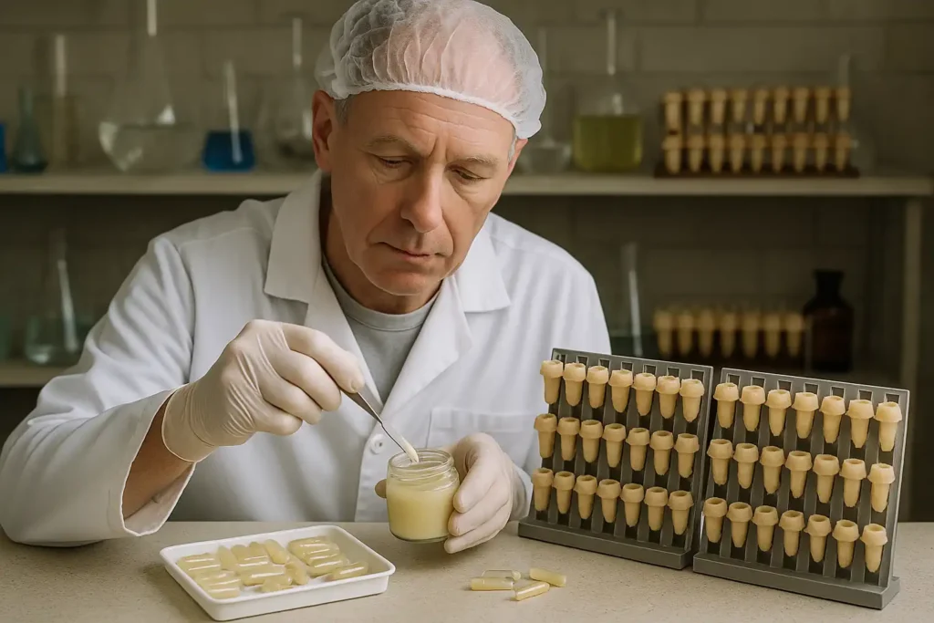 Capsules met propolis of stuifmeel kopen. Zie hoe deze man koninginnegeleicapsules vult met pure Royal Jelly. 