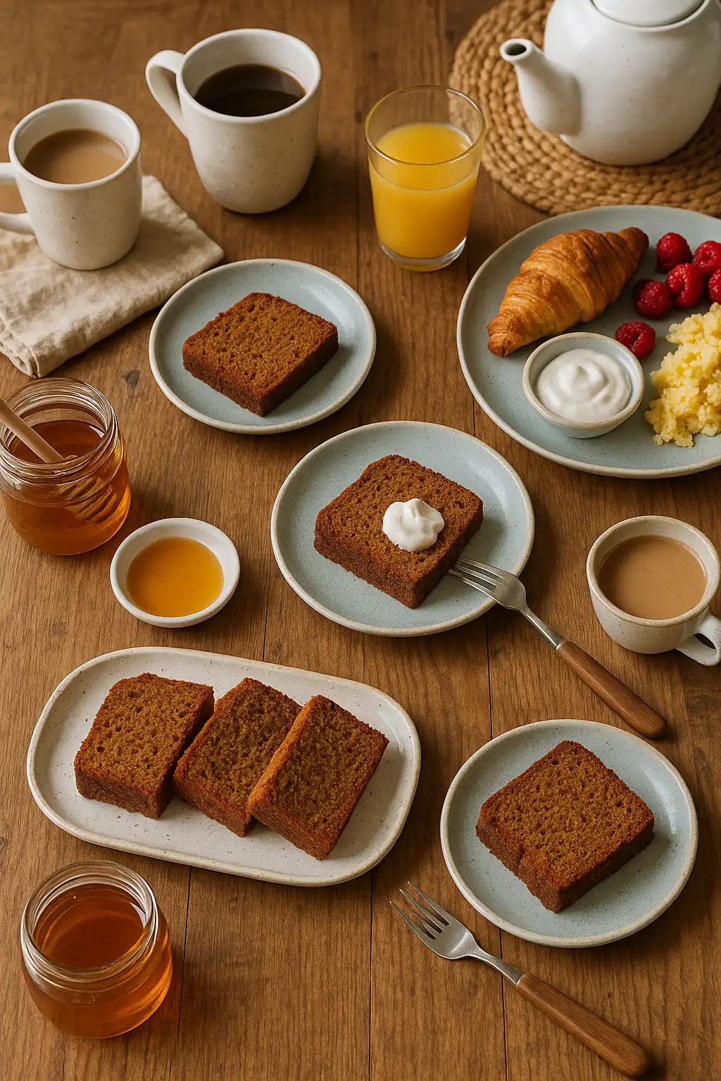 Honingkoek geserveerd op een tafel. Je ziet een klassieke ontbijttafel met heerlijke ambachtelijke honingkoek.