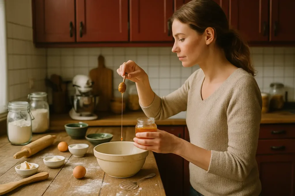 Honing als natuurlijke zoetstof bij koken en bakken. Op deze foto zie je hoe een vrouw honing gebruikt als alternatief voor gewone suiker in haar gerechten in de keuken.