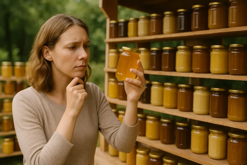 Wat is de beste honing. Een vrouw keurt alle soorten honing welke de beste nederlandse honing is.