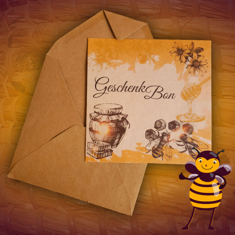 Cadeaubon kraftpapier van HONINGonline.nl. Met deze prachtige gedrukte cadeaubon van onze webshop maak je iedereen blij die van honing en bijenproducten houdt!