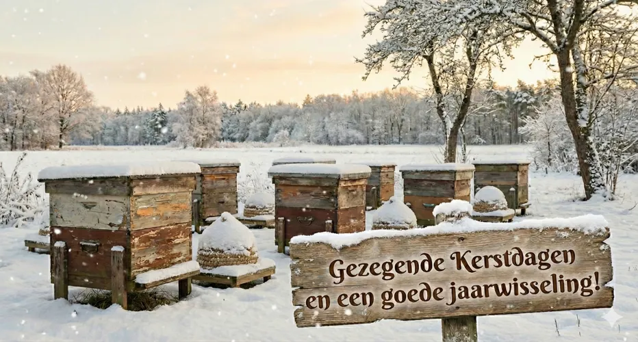 Echte rauwe honing van de imker kopen op HONINGonline.nl. Op de foto zie je de bijenkasten  die in de zomer echte honing van de imker maken in een winters tafereel.