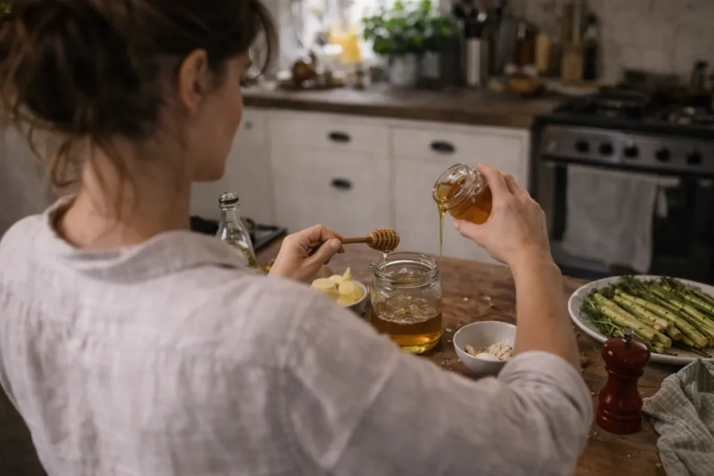Honingdressing maken voor de Paasbrunch. Op deze foto zie je hoe een vrouw de dressing maakt met sinaasappelhoning voor over de asperges met gerookte zalm.