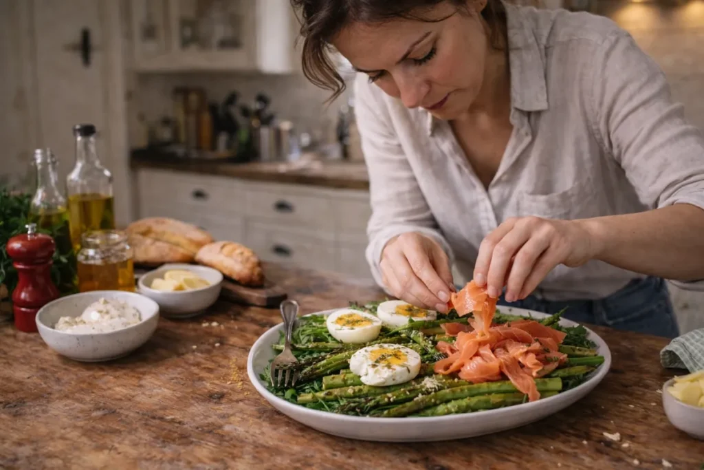Het opbouwen van de Paasbrunch. Op de foto zie je een vrouw in een landelijke keuken het gerecht van groene asperges met gerookte zalm en honingdressing klaar maken.
