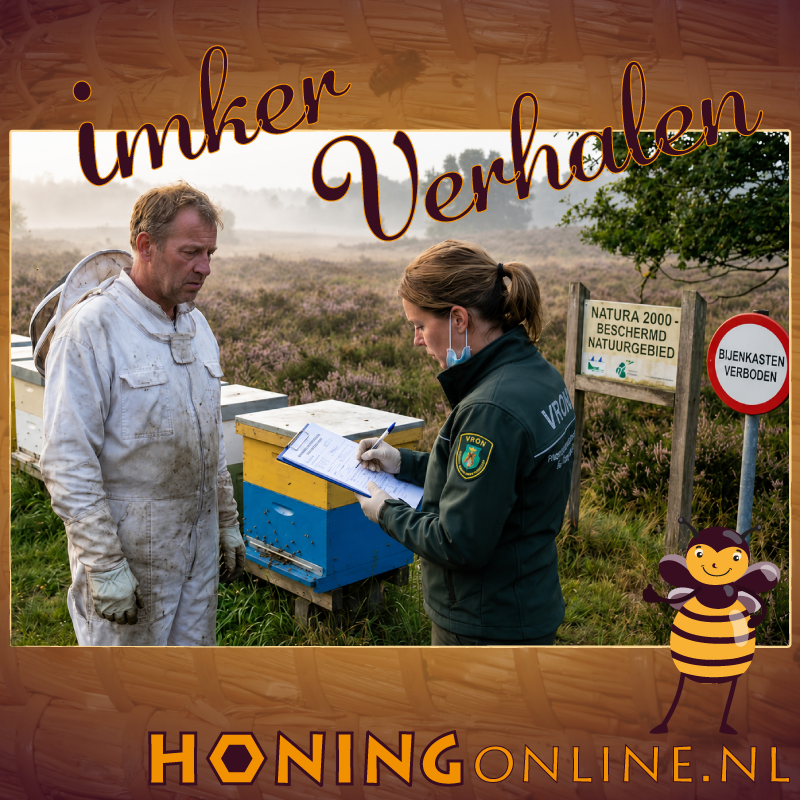 Huidig beleid stuurt aan op verbod op honingbijen in natura-2000 gebieden. Op de foto een gedupeerde imker die boete krijgt omdat hij zijn bijenkasten niet meer op de heide plaatsen mag.