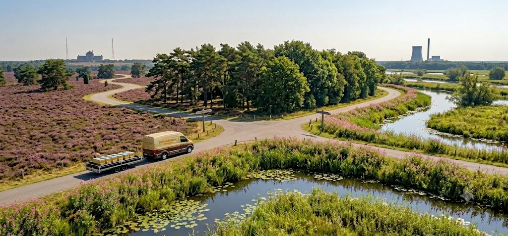 Imker rijdt met bijenkasten naar de heide en de Biesbosch voor Nederlandse honing