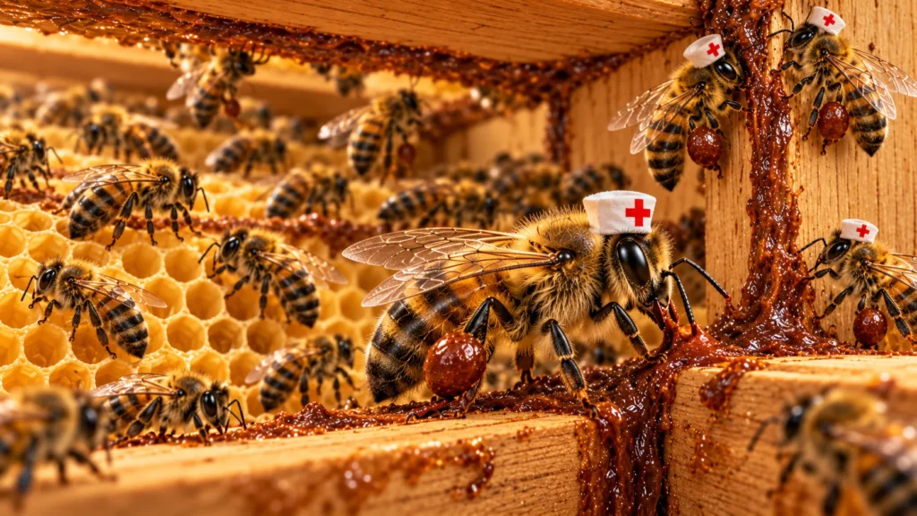 Verpleegsterbijen zijn bezig met het hygiënisch maken van de bijenkast. Ze steriliseren met bacterie en virusdodend propolis de bijenkorf.